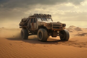 Vehicle on a sandy terrain. Generative AI