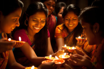 Beautiful young Indian women holding lit candles for Diwali celebration. People participating in Hindu festival, symbolizing the victory of light over darkness. - obrazy, fototapety, plakaty