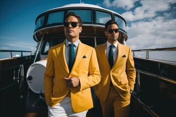 Naklejka premium Men in Yellow Suits on a Boat at Sea