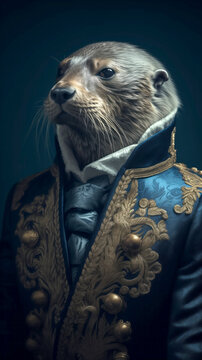 Sea lion dressed in an elegant suit with a nice tie. Fashion portrait of an anthropomorphic animal posing with a charismatic human attitude