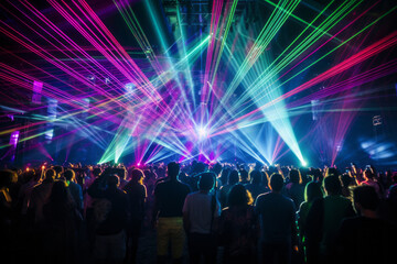 Crowd watching a laser show at a nightclub. People participating in music event with lasers.