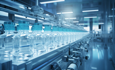 Medical vials on production line at pharmaceutical factory.