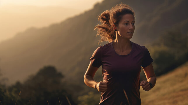 Contrasted shot of trail runner on mountain in sunset..Fitness, sport, runner Concept.