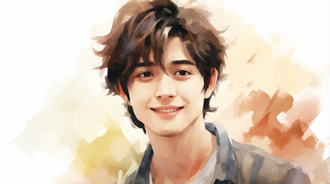 Smiling Teen Chinese Man with Brown Straight Hair Watercolor Illustration. Portrait of Casual Person on white background with copy space. Photorealistic Ai Generated Horizontal Illustration.