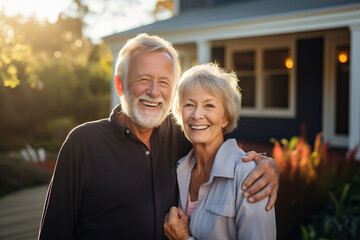 Beautiful senior couple standing on front of their house after their kids left the nest. Happy retirement, enjoying life together. - Powered by Adobe