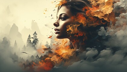Fiery portrait of a woman in flames and fog against the background of the forest. The concept of caring for the environment and the problem of drought and high temperatures.