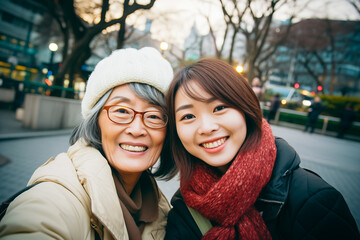 Two women walk through the winter city, mother and daughter - obrazy, fototapety, plakaty