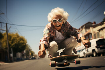 Fierce crazy granny riding skateboard on the street.