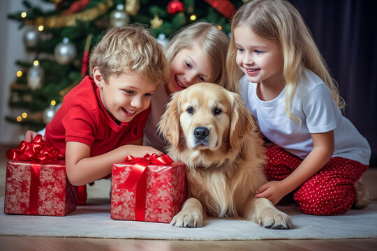 Little children and their dog at home near the Christmas tree. Small children playing with dog indoors at home at Christmas time.