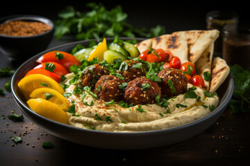 Bowl of fried falafel in hummus dip with the side of fresh vegetables. Middle Eastern cuisine snack.