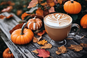 decoration for Halloween, still life, a cup of hot latte and pumpkins on an old wooden table against the background of beautiful autumn nature at sunset