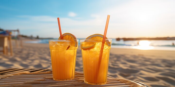 AI Generated. AI Generative. Two orange yellow juices on vaction travel relaxing. Beach sand and sea ocean on background.  Graphic Art