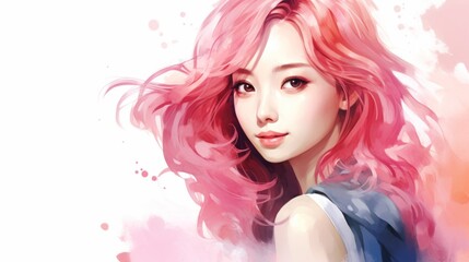 Naklejka premium Smiling Teen Chinese Woman with Pink Straight Hair Watercolor Illustration. Portrait of Casual Person on white background with copy space. Photorealistic Ai Generated Horizontal Illustration.