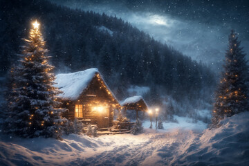 old wooden house decorated with lights and Christmas tree in winter forest, snow covered trees and mountains, cloudy sky at night, blizzard - Powered by Adobe