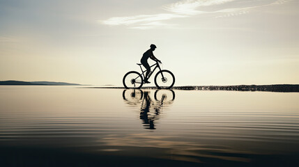 Thrilling Bike Ride Across a Vast Expanse of Aquatic Beauty, silhouette of a man on his bike on calm landscape, minimalist banner 