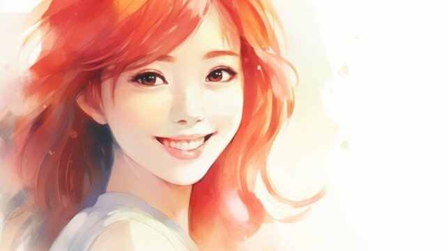 Smiling Teen Chinese Woman with Red Straight Hair Watercolor Illustration. Portrait of Casual Person on white background with copy space. Photorealistic Ai Generated Horizontal Illustration.