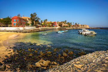 Historic city on the Goree island near Dakar, Senegal, Africa. Goree Island is a UNESCO World Heritage Site known for its historical significance as a center of the transatlantic slave trade. - obrazy, fototapety, plakaty