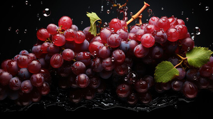 Water Splashing on Fresh Grapes Bunches On Dark Background with Copy Space Selective Focus