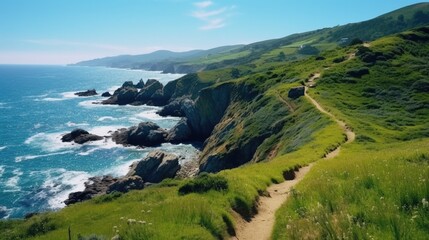 Fototapeta premium beautiful view of beach surrounded by green and rocky mountains generative ai