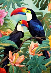 Fototapeta premium Birds on a Perch: A Beautiful Painting of Feathered Friends Enjoying Nature