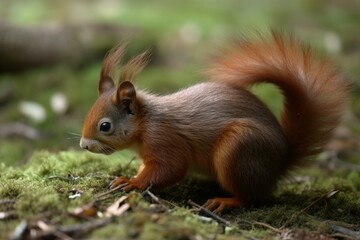 a small mammal with reddish fur and a bushy tail. Generative AI