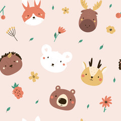 Seamless pattern with faces of cute forest animal faces - bear, moose, hedgehog, deer, mouse and rabbit