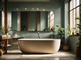 Modernes Badezimmer in pastelgrün mit Badewanne und großem Spiegel 