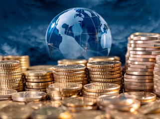 Invest money around the world. Stack of coins and globe in the background. - 667739749