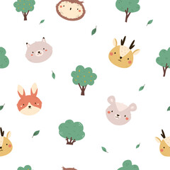 Seamless pattern with faces of cute forest animal faces - wolf, owl, opossum, rabbit, owl, deer and trees