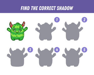 Find correct shadow of cute green monster. Educational logical game for kids. Halloween game. Cartoon monster. Vector 