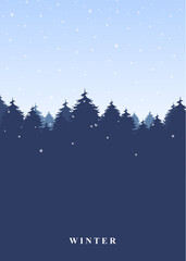poster design with an illustration of a dense forest with falling snow. winter poster