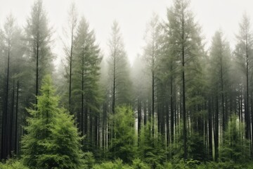 A view of a pine forest in the morning covered in fog.