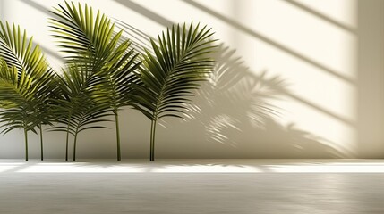 Fototapeta na wymiar Serene Palm Shadows: Light Background with Minimalist Palm Leaf Silhouettes. AI generated