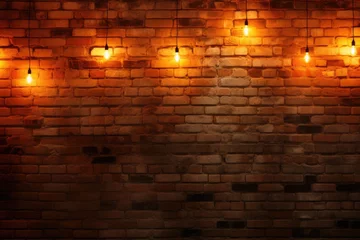 Foto op Plexiglas The background is a rough brown old brick wall with a small orange light bulb across it. © linen