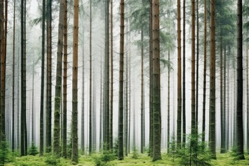 A view of a pine forest in the morning covered in fog.