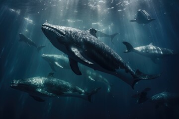 A Majestic Pod of Dolphins Gracefully Swimming in the Vast Ocean