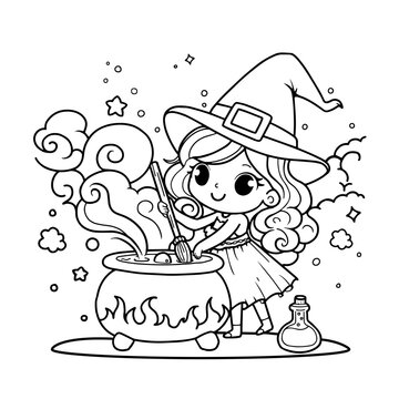 Cute cartoon girl in a Halloween witch dress with brews a potion in Witch cauldron outlined for coloring page on white background