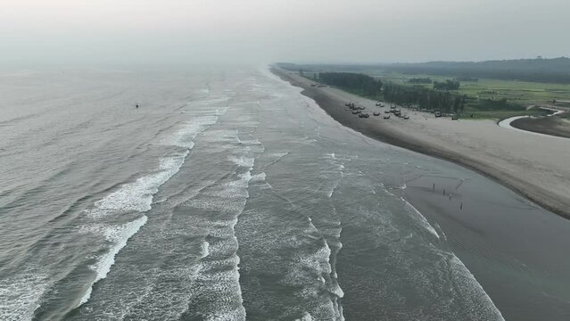 Aerial sea wave on sand in Bangladesh's sea beach of Cox's Bazar