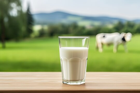 Banner image of fresh milk in a glass on a beige wooden table with a blurry background of rural grass.