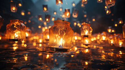 Paper Made Lanterns with Candles Inside Pure Black Sky With Out Rope Background Selective Focus