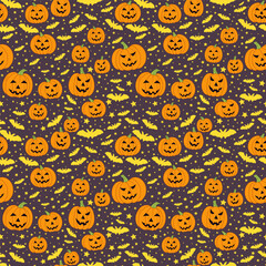 A set of seamless background with Jack lamps, bats and stars, Halloween background. 1000x1000 pixels. Vector graphics.