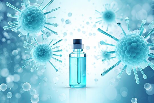 Image background about medical science, vaccine bottles and viruses.