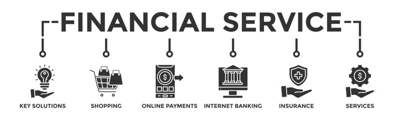 Financial service banner web icon vector illustration concept with icon of key solutions, shopping, online payments, internet banking, insurance and services