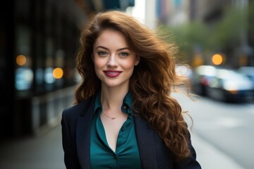 Obraz premium Woman with Striking Red Hair Walking in Urban Environment
