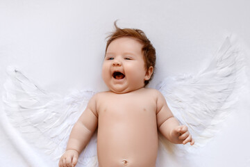 Beautiful Baby . Cute infant angel with wings isolated on white. lovely baby with wings of an angel...