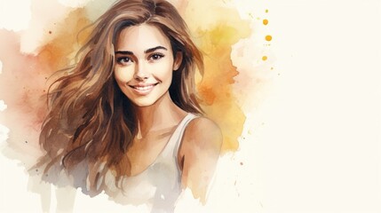 Smiling Teen Latino Woman with Brown Straight Hair Watercolor Illustration. Portrait of Casual Person on white background with copy space. Photorealistic Ai Generated Horizontal Illustration.