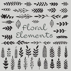 Set of decorative floral elements, seamless pattern with leaves. 