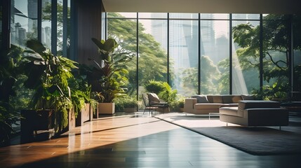 Wide modern living room with sofa, armchair and big glass wall with trees, plants and sky scrapers outside, sunny day, generative AI. - obrazy, fototapety, plakaty