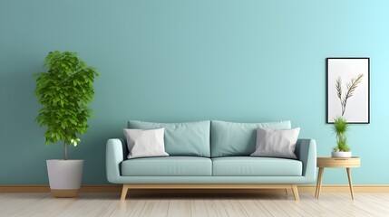 Light green sofa with plant against green wall with art poster, generative AI.
