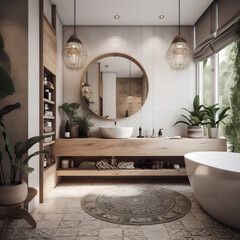 Boho style interior of cozy bathroom in a house.